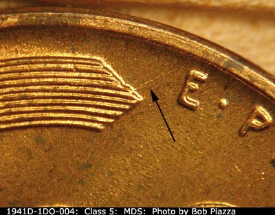 Die-stage B marker on 1941D•1DO•004 (1941 Doubled Die Obverse).