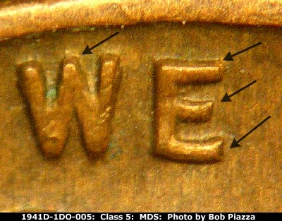 Die-stage B marker on 1941D•1DO•005 (1941 Doubled Die Obverse).