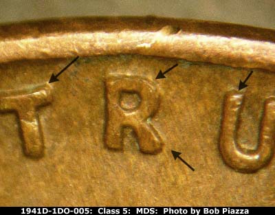 Die-stage B marker on 1941D•1DO•005 (1941 Doubled Die Obverse).