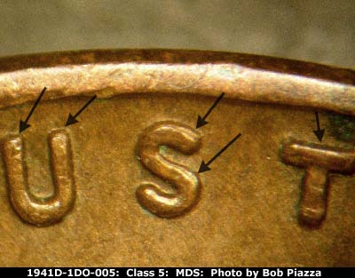 Die-stage B marker on 1941D•1DO•005 (1941 Doubled Die Obverse).