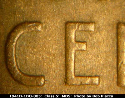 Die-stage B marker on 1941D•1DO•005 (1941 Doubled Die Obverse).