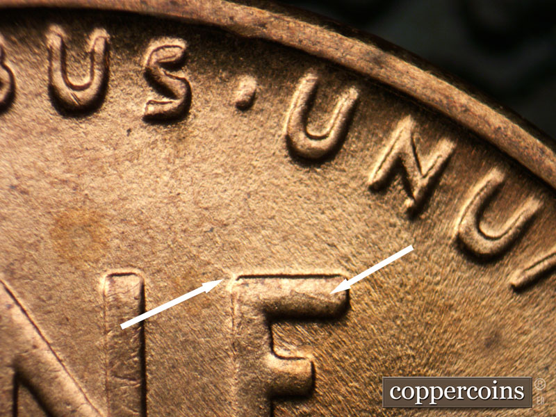 Die-stage B marker on 1941D•1DR•002 (1941 Doubled Die Reverse).