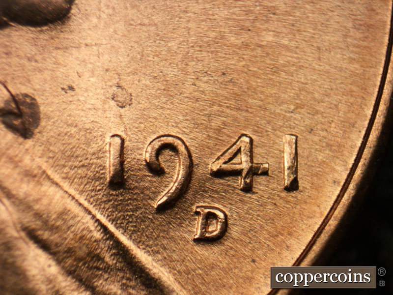 Die-stage B marker on 1941D•1DR•002 (1941 Doubled Die Reverse).