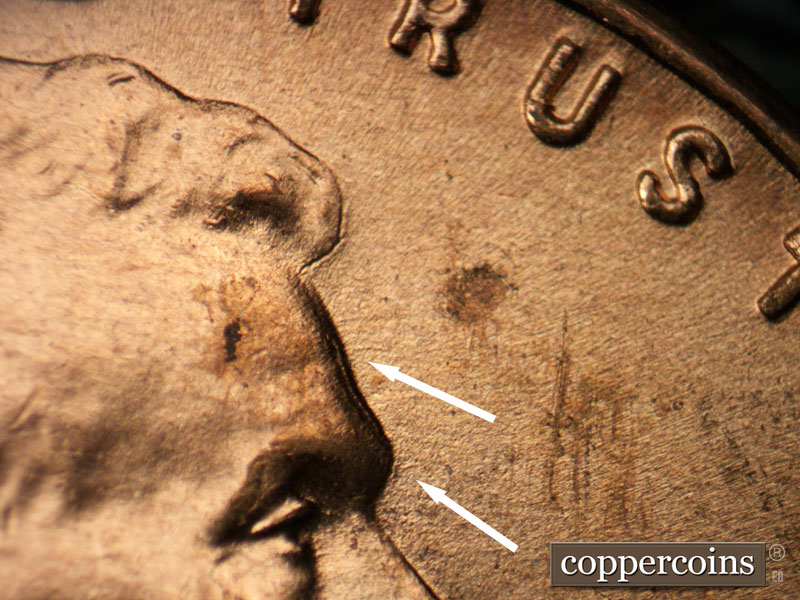 Die-stage B marker on 1941D•1DR•002 (1941 Doubled Die Reverse).