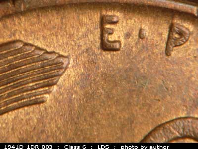 Die-stage C marker on 1941D•1DR•003 (1941 Doubled Die Reverse).