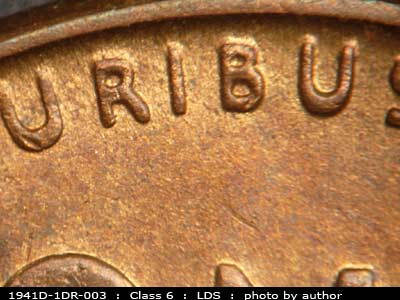 Die-stage C marker on 1941D•1DR•003 (1941 Doubled Die Reverse).