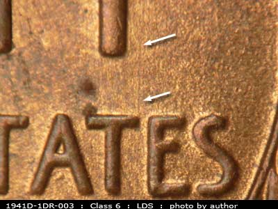 Die-stage C marker on 1941D•1DR•003 (1941 Doubled Die Reverse).