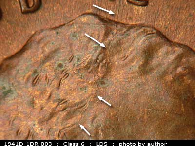 Die-stage C marker on 1941D•1DR•003 (1941 Doubled Die Reverse).