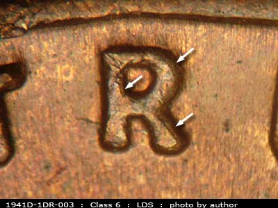 Die-stage C marker on 1941D•1DR•003 (1941 Doubled Die Reverse).