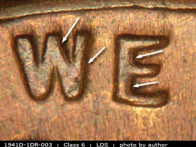 Die-stage C marker on 1941D•1DR•003 (1941 Doubled Die Reverse).