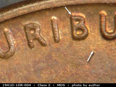 Die-stage B marker on 1941D•1DR•004 (1941 Doubled Die Reverse).