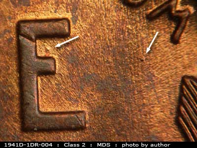 Die-stage B marker on 1941D•1DR•004 (1941 Doubled Die Reverse).