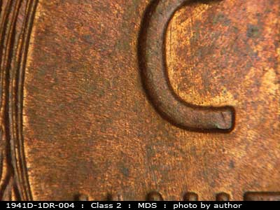 Die-stage B marker on 1941D•1DR•004 (1941 Doubled Die Reverse).