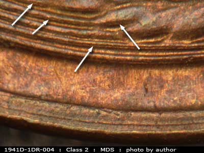Die-stage B marker on 1941D•1DR•004 (1941 Doubled Die Reverse).