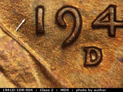 Die-stage B marker on 1941D•1DR•004 (1941 Doubled Die Reverse).