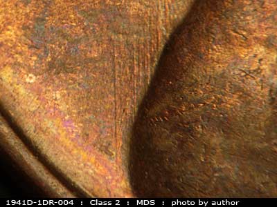 Die-stage B marker on 1941D•1DR•004 (1941 Doubled Die Reverse).