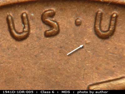Die-stage B marker on 1941D•1DR•005 (1941 Doubled Die Reverse).