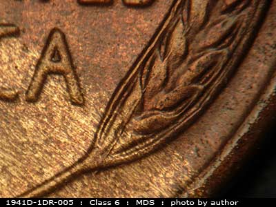 Die-stage B marker on 1941D•1DR•005 (1941 Doubled Die Reverse).