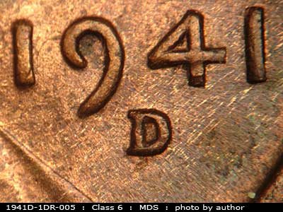 Die-stage B marker on 1941D•1DR•005 (1941 Doubled Die Reverse).
