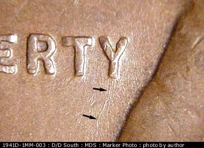Die-stage B marker on 1941D•1MM•003 (1941 Repunched Mint Mark).