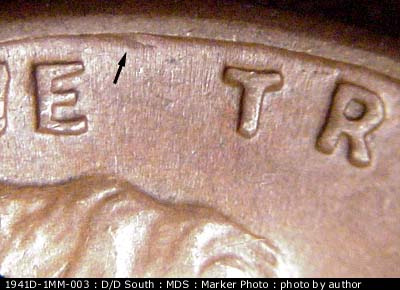 Die-stage B marker on 1941D•1MM•003 (1941 Repunched Mint Mark).