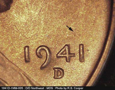 Die-stage B marker on 1941D•1MM•005 (1941 Repunched Mint Mark).
