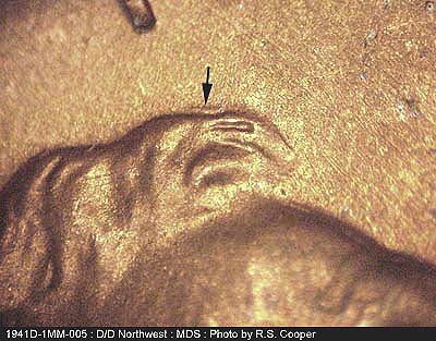 Die-stage B marker on 1941D•1MM•005 (1941 Repunched Mint Mark).