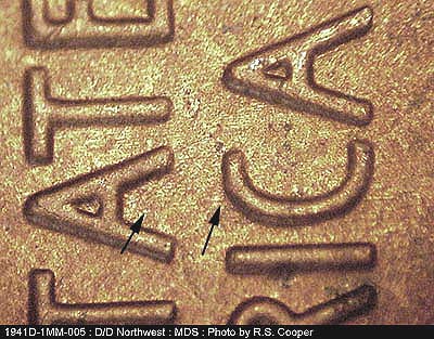 Die-stage B marker on 1941D•1MM•005 (1941 Repunched Mint Mark).