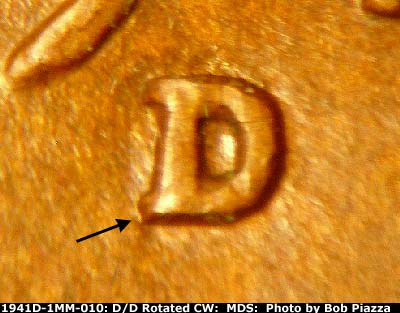Die-stage B marker on 1941D•1MM•010 (1941 Repunched Mint Mark).