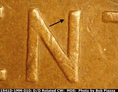 Die-stage B marker on 1941D•1MM•010 (1941 Repunched Mint Mark).