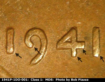 Die-stage B marker on 1941P•1DO•001 (1941 Doubled Die Obverse).
