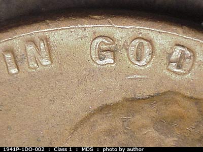 Die-stage B marker on 1941P•1DO•002 (1941 Doubled Die Obverse).
