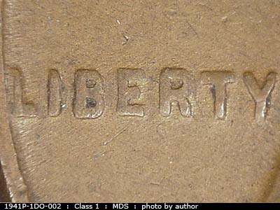 Die-stage B marker on 1941P•1DO•002 (1941 Doubled Die Obverse).
