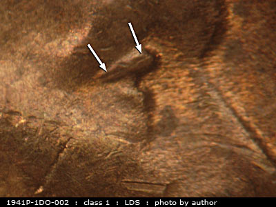 Die-stage C marker on 1941P•1DO•002 (1941 Doubled Die Obverse).