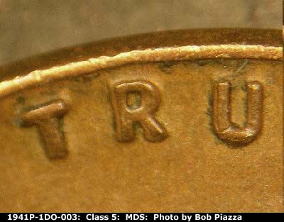 Die-stage B marker on 1941P•1DO•003 (1941 Doubled Die Obverse).