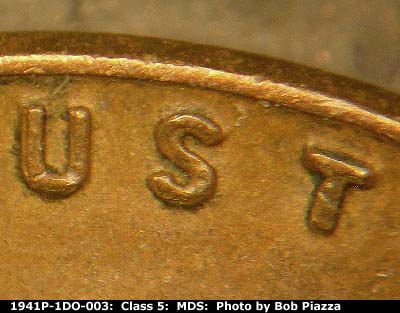 Die-stage B marker on 1941P•1DO•003 (1941 Doubled Die Obverse).