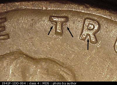 Die-stage B marker on 1941P•1DO•004 (1941 Doubled Die Obverse).