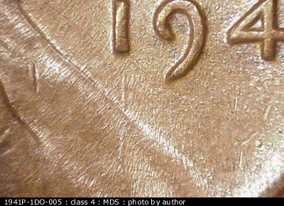 Die-stage B marker on 1941P•1DO•005 (1941 Doubled Die Obverse).