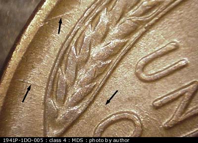 Die-stage B marker on 1941P•1DO•005 (1941 Doubled Die Obverse).