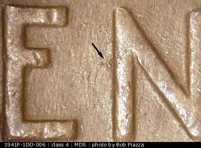 Die-stage B marker on 1941P•1DO•006 (1941 Doubled Die Obverse).