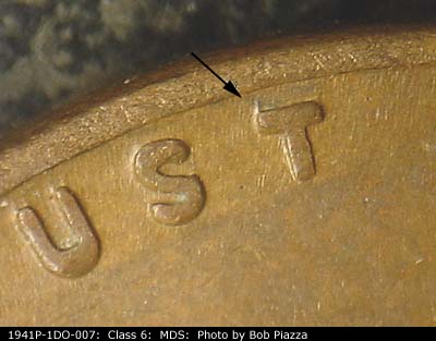 Die-stage B marker on 1941P•1DO•007 (1941 Doubled Die Obverse).