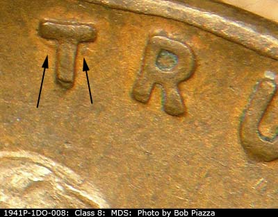 Die-stage B marker on 1941P•1DO•008 (1941 Doubled Die Obverse).