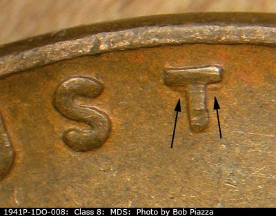 Die-stage B marker on 1941P•1DO•008 (1941 Doubled Die Obverse).