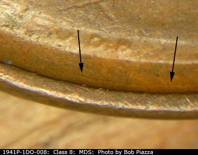 Die-stage B marker on 1941P•1DO•008 (1941 Doubled Die Obverse).