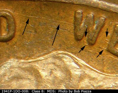 Die-stage B marker on 1941P•1DO•008 (1941 Doubled Die Obverse).