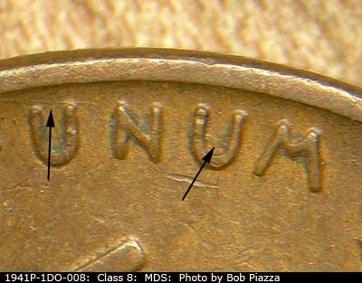 Die-stage B marker on 1941P•1DO•008 (1941 Doubled Die Obverse).