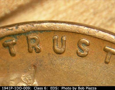 Die-stage A marker on 1941P•1DO•009 (1941 Doubled Die Obverse).