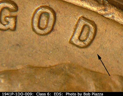 Die-stage A marker on 1941P•1DO•009 (1941 Doubled Die Obverse).