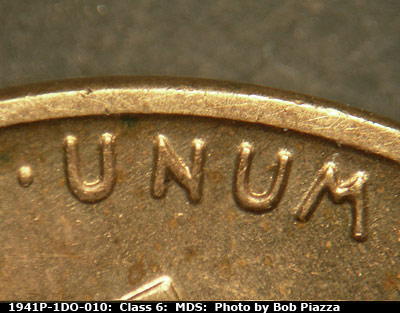 Die-stage B marker on 1941P•1DO•010 (1941 Doubled Die Obverse).