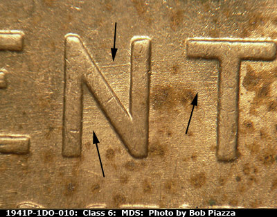 Die-stage B marker on 1941P•1DO•010 (1941 Doubled Die Obverse).